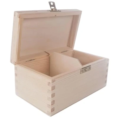 Image of Rectangular Oblong Wooden Box with 2 Sections &amp; Clasp 16.3 x 9.3 8 cm Accessories Storage Case Tea Bag Sewing Jewellery Caddy Organiser Divided Compartments Unpainted Decorative Wood