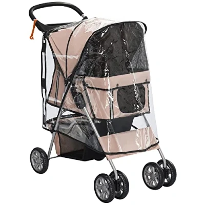 Image of PawHut Dog Stroller with Rain Cover for Small Miniature Dogs, Folding Pet Pram Cup Holder, Storage Basket, Reflective Strips, Brown
