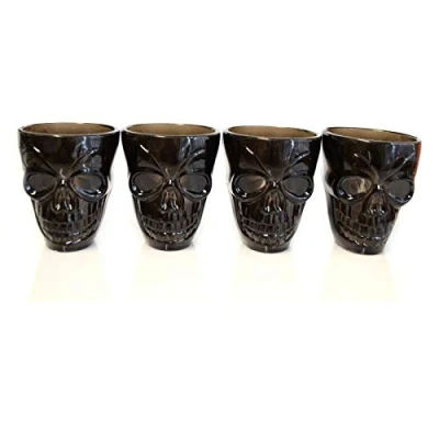 Image of SHATCHI Set of 4 Halloween Black Shot Glasses with Spooky 3D Skull Shape Party Tableware Drink Accessories, (Pack 1)