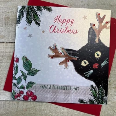 Image of WHITE COTTON CARDS BLACK CAT WITH REINDEER EARS CHRISTMAS CARD, HAND FINISHED (C23 22), 16cm x