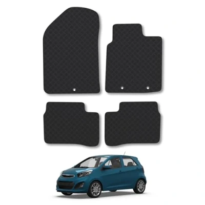 Image of Rubber Car Mats Compatible with Kia Picanto (2011 2017) Tailored Fit Floor Set Accessory Black Custom 4 Pieces Clips Anti Slip Backing, Heavy Duty &amp; Waterproof