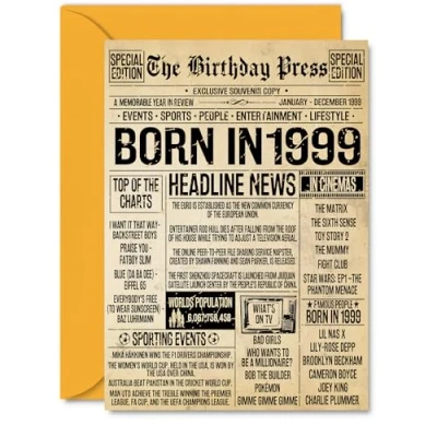Image of 26th Birthday Card for Women Men Bday Press Newspaper 1999 Happy 26 Cards Son Auntie Wife Daughter Sister Husband, A5 Greeting
