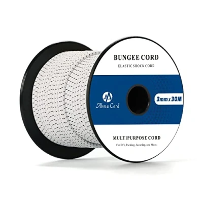 Image of Abma Cord Bungee 3mm 30M Elastic Shock 100% Stretch Rope for Tarpaulin, Trailer, Backpack, Tent Pole, Kayak White&amp;Black
