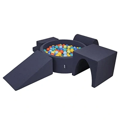 Image of KiddyMoon Foam Playground For Kids With Round Ballpit (200 Balls ∅ 7Cm/2.75In) Soft Obstacles Course And Ball Pool, Made In EU, Darkblue:Lgreen/Orange/Turquoise/Blue/Bblue/Yellow