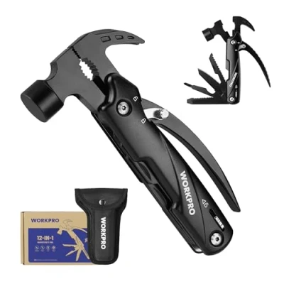 Image of WORKPRO 12 in 1 Multi Tool Hammer, with Pliers, Nail Remover, Saw,Bottle, Opener, Screwdriver, for Hiking, Fishing, Outdoors, Camping, Pure Black
