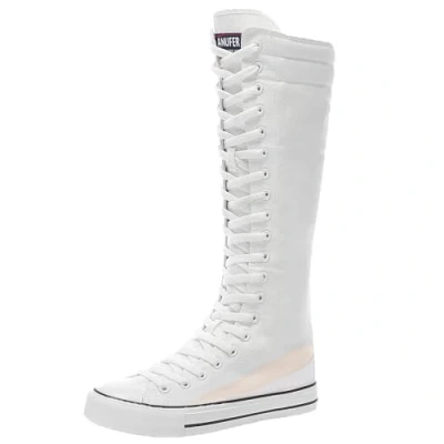 Image of ANUFER Girl&#039;s Women&#039;s Knee High Canvas Boots Lace up Zip Flat Sports Shoes F888 White UK8