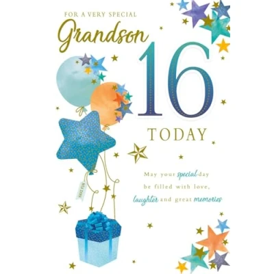 Image of Paper Rose Special Grandson 16th Birthday Card Age 16 Present &amp; Balloons with Foil Details Eco Friendly and Recyclable