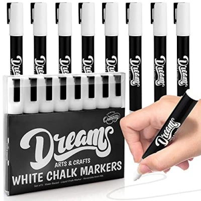 Image of The Glowhouse White Liquid Chalk Markers, 8 Pack, Erasable, Non Toxic, Water Based Chalkboard Markers with Reversible Tip for Kids &amp; Adults, Perfect Glass, Mirrors, and Signs