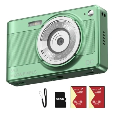 Image of Kids Digital Camera, 1080P 56MP All in One Camera with 32G Card &amp; 2 Batteries Portable for Teens Students Beginners (Green)