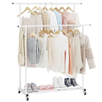 Image of Calmootey Double Rod Clothing Garment Rack,Rolling Hanging Clothes Rack,Portable Organizer for Bedroom,Living Room,Clothing Store,White