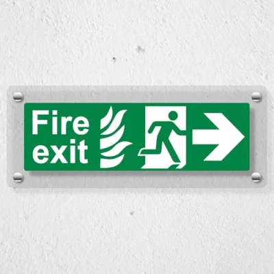Image of V Safety NHS Fire Exit Arrow Right 300 x 100 mm Acrylic Perspex Cast Clear Sign