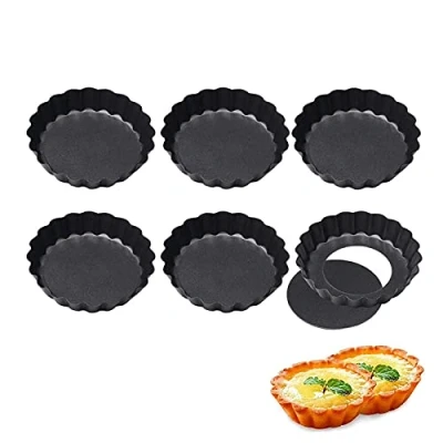 Image of ZEACCT 6 Pcs Non Stick Quiche Tart Pans, Round Fluted Tins Pan,Tart Pan Removable Bottom Mini Dishes Loose Pie Carbon Steel (10cm*2cm)