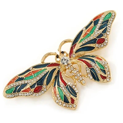 Image of Avalaya Multicoloured Enamel, Crystal Butterfly Brooch in Gold Tone Metal 80mm W