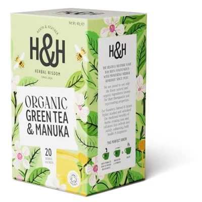 Image of Heath &amp; Heather Organic Green Tea with Manuka Honey Bags Individually Wrapped Caffeine Free Herbal Infusions 1 Pack of 20, Total 20