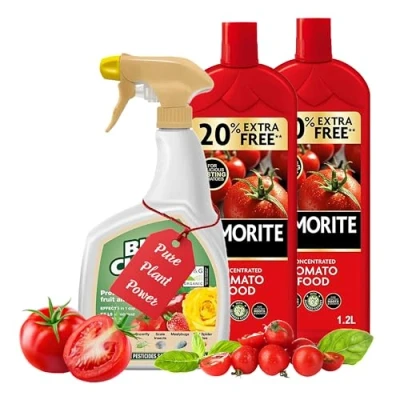 Image of Tomato Plant Food Growing Fertilizer Bundle of 2 x 1.2L Feed Concentrated Liquid Enriched Seaweed Fertiliser &amp; 800ml Bug Clear Controller for Fruit and Vegetable Plants with Topline Card