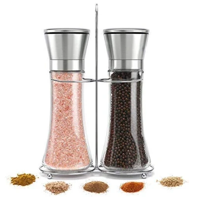 Image of Yugefom Salt &amp; Pepper Grinder Set of 2 Glass Sea and Spice Shakers with Stand Adjustable Coarseness Mills Stainless Steel Ceramic Rotor