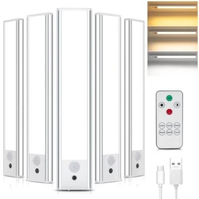 Image of Under Cabinet Kitchen Lights with Remote Control, 5 Pack Rechargeable Light Motion Sensor Indoor 3 Color Temperature Wireless 1300mAH Battery for Kitchen, Wardrobe, Cupboard