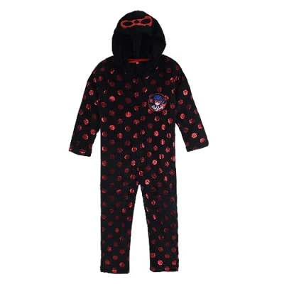 Image of Miraculous Ladybug Kids All in One Hooded Girls Childrens Fleece Onesie Fancy Dress Outfit Costume Age 6 Black