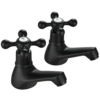 Image of Wasserrhythm Basin Pillar Taps Pair Black Mixers Victorian Twin Bathroom Sink Tap Traditional Cloakroom Mono Cross Lever Two Holes
