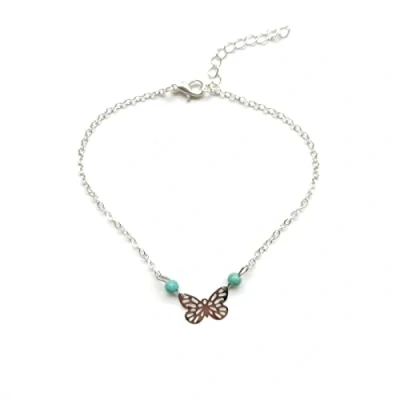 Image of Turquoise Butterfly Anklet Bracelet Bohemian Hollow Beads Foot Chain Beach Adjustable Barefoot Sandal Jewelry for Women Girls Teens (Silver)