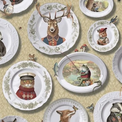 Image of Holden Vintage Tea Party Ochre Wallpaper Animals Plates Paste The Paper