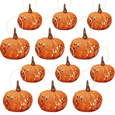 Image of 12 Pieces Mini Halloween Tree Baubles Glittery Party Decoration Artificial Foam Pumpkin Hanging Ornaments Balls Pendants for Decorations