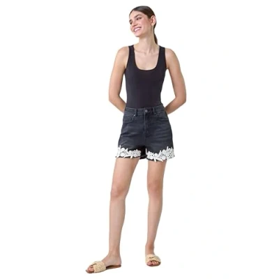 Image of Roman Originals Lace Detail Denim Stretch Shorts for Women UK Ladies Everyday Holiday Spring Summer Comfy Soft Evening Vacation Work Party Black Size 10