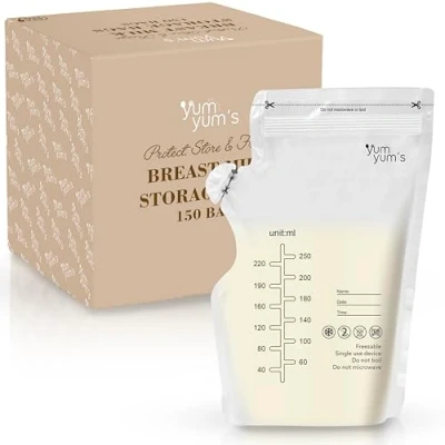 Image of Yum Yum&#039;s 150 Pcs Breast Milk Storage Bags 250ml Disposable, No Leak Freezer Pouches with Pour Spout for Breastfeeding Ideal Breastmilk Bags,