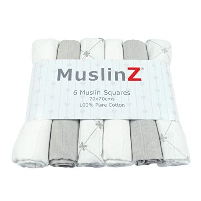 Image of MuslinZ 6pk Baby Muslin Squares Burp Cloth 100% Cotton 70x70cm (Grey Tile)