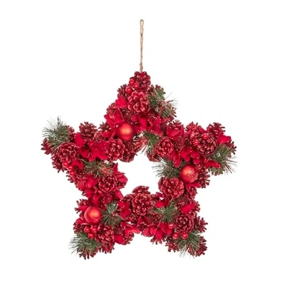 Image of Smart Garden Ruby Pine Star Christmas Wreath Floral, Bauble and Pinecones Red 35cm Indoor Outdoor Use Decoration, Perfect for Front Doors Home
