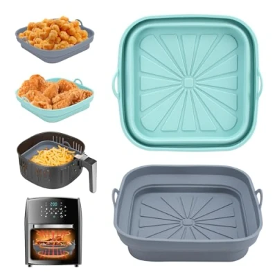 Image of Alyvisun Silicone Air Fryer Liners 2PCS Reusable Airfryer Tray Foldable Kitchen Accessories Basket Versatile Square Baking Rack Pot for Microwave, Oven (Blue+Grey)