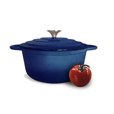 Image of Cast Iron Pot with Lid Non Stick Enamelled Casserole Dish Oven Safe Heavy Duty Dutch 24cm Round Blue 3.7L