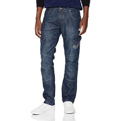 Image of Crosshatch Mens Designer Denim Lightwash Button Fly Regular Fit Cargo Jeans (30 Long, Stone Wash)