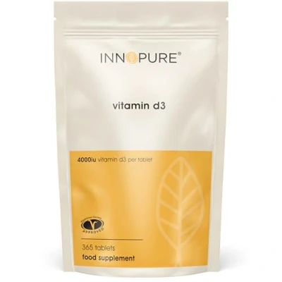 Image of INNOPURE Vitamin D Tablets 4000 IU 365 1 Year Supply of High Strength D3, Supporting Immunity &amp; Bone Health Easy Swallow Supplement Vegetarian, UK Made