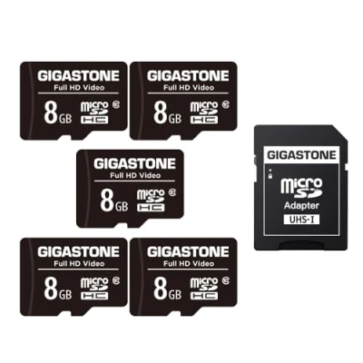 Image of Gigastone 8GB Memory Card Pack of 5 Cards, High Read Speed up to 80MB/s. Ideal for Portable Full HD Video, U1 C10 Micro SDHC UHS I with 2 Mini Cases and 1 SD Adapter.