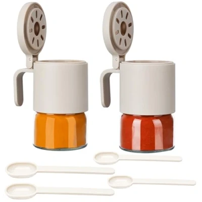 Image of Belle Vous Glass Spice Jars with Flapper Lids &amp; Spoons (2 Pack) 350ml Seasoning Storage Containers Kitchen Condiment for Sugar, Salt Coffee