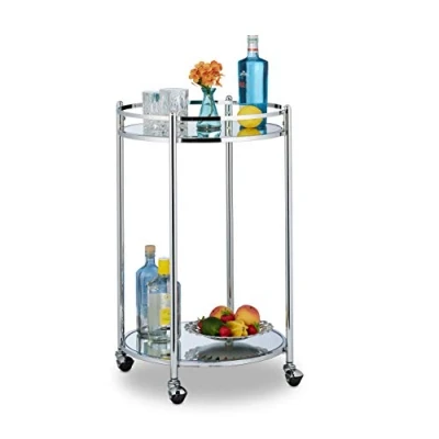 Image of Relaxdays 10031630 Kitchen Trolley Round, Serving Bar, with 2 Shelves, Steel, Mirrored, Tea, Wheels, Size 75 x 50 cm, Silver