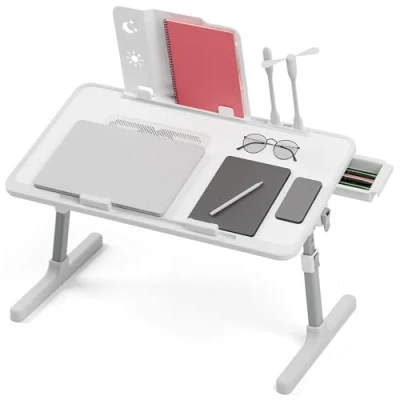 Image of Wilitto Laptop Bed Table, Portable Desk for Laptop, Foldable Lap Stand Adjustable with USB, Light Cooling Fan, Storage Drawer Grey