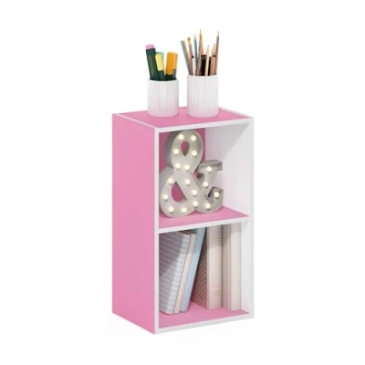 Image of Furinno Pasir 2 Tier Open Shelf Bookcase, Pink/White