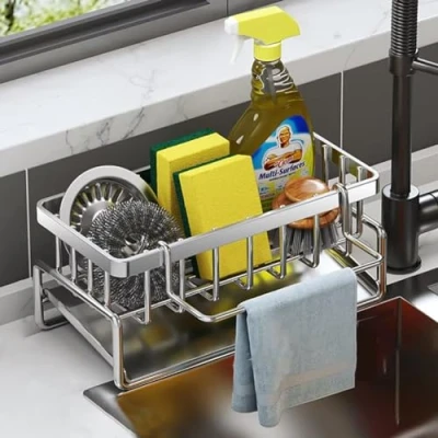 Image of Edumov Kitchen Sink Caddy Organiser, Stainless Steel Sponge Holder Organizer, with Removable Drain Tray, Organiser Dishcloth Hanger (Stainless steel)