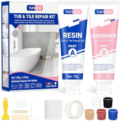 Image of Bathtub Repair Kit 140g (Color Match), TUFINEIN Ceramic for Porcelain, Fiberglass, Enamel, Ceramic, Acrylic and Fix Chips, Cracks, Scratches, Holes on Tub/Tile/Sink/Shower Tray