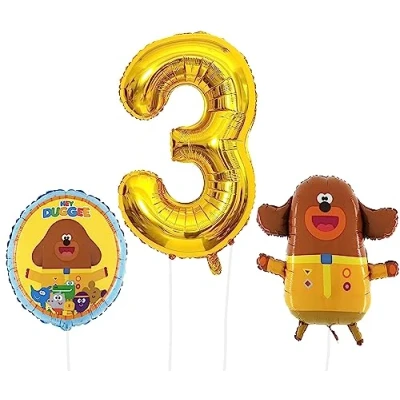 Image of Toyland® Hey Duggee Foil Balloon Pack 1 x 25&quot; Character Shape Balloon, 18&quot; Round &amp; 40&quot; Number Kids Party Decorations