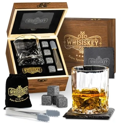 Image of WHISISKEY Whiskey Glass Set Gift Sets for Men Whisky Birthday Gifts Rum Tumblers Mens with 1 Glasses, 4 Stones, Accessories
