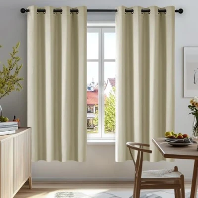Image of Deconovo Super Soft Ring Top Thermal Insulated Blackout Curtains for Bedroom Eyelet 55x69 Inch Two Panels Beige