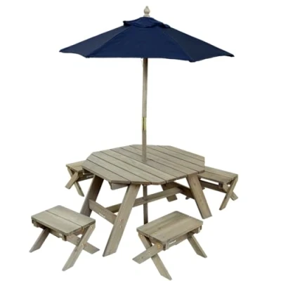 Image of KidKraft Octagon Wooden Garden Table and Chair set For Kids with Parasol, Outdoor Furniture Children, 20176, Amazon Exclusive