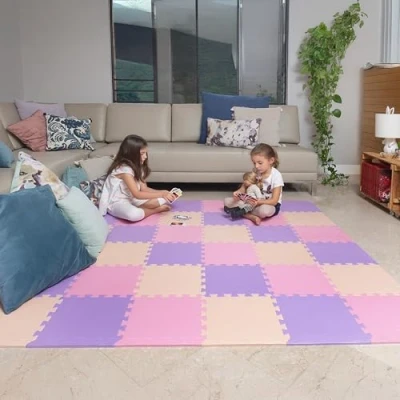 Image of MioTetto Soft Non Toxic Foam Baby Play Mat Toddler Colorful Jigsaw Puzzle 36 Squares Floor Mats for Kids &amp; Babies EVA Interlocking Tiles Gym, Nursery, Playroom, Cream gray beige,