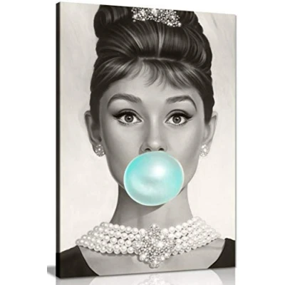 Image of Audrey Hepburn Blue Bubblegum Canvas Wall Art Picture Print (30x20in)