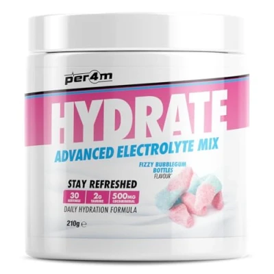 Image of Per4m Hydrate Electrolyte Mix Powder Contains 500mg Cocomineral Replenish Essential Electrolytes Aiding Muscle Function, Cardiovascular Health, Neurological Support 210g (Fizzy Bubblegum Bottle)