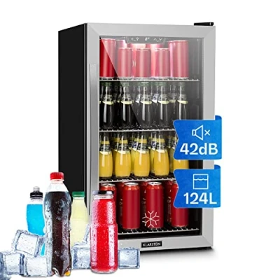 Image of KLARSTEIN Beer Fridge, Glass Mini Fridge for Bedrooms, Food, &amp; Drinks, Small Wine Cooler, Door Drinks 124L Table Top w/Removable Shelves, Indoor/Outdoor Home Bar Storage