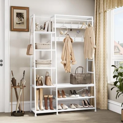 Image of YITAHOME Coat Rack Stand with Shoe Storage, Free Standing Hall Tree Bench Industrial 9 Hooks and 5 Shelves Clothes Rail for Bedroom Living Room Hallway Entryway, White